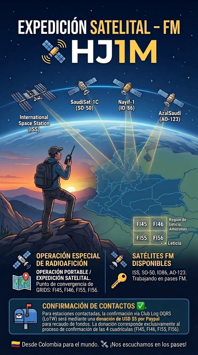 HJ1M_'s tweet photo. 🛰️ *EXPEDICIÓN SATELITAL – FM* 🇨🇴

📡 HJ1M estará nuevamente al aire en SATÉLITES FM, realizando una operación especial desde la zona donde convergen los GRID FI45, FI46, FI55 y FI56 en la región Amazónica.

🇨🇴 73 de *HJ1M

https://t.co/SoV7LKVuwh https://t.co/QueK73Kp7L