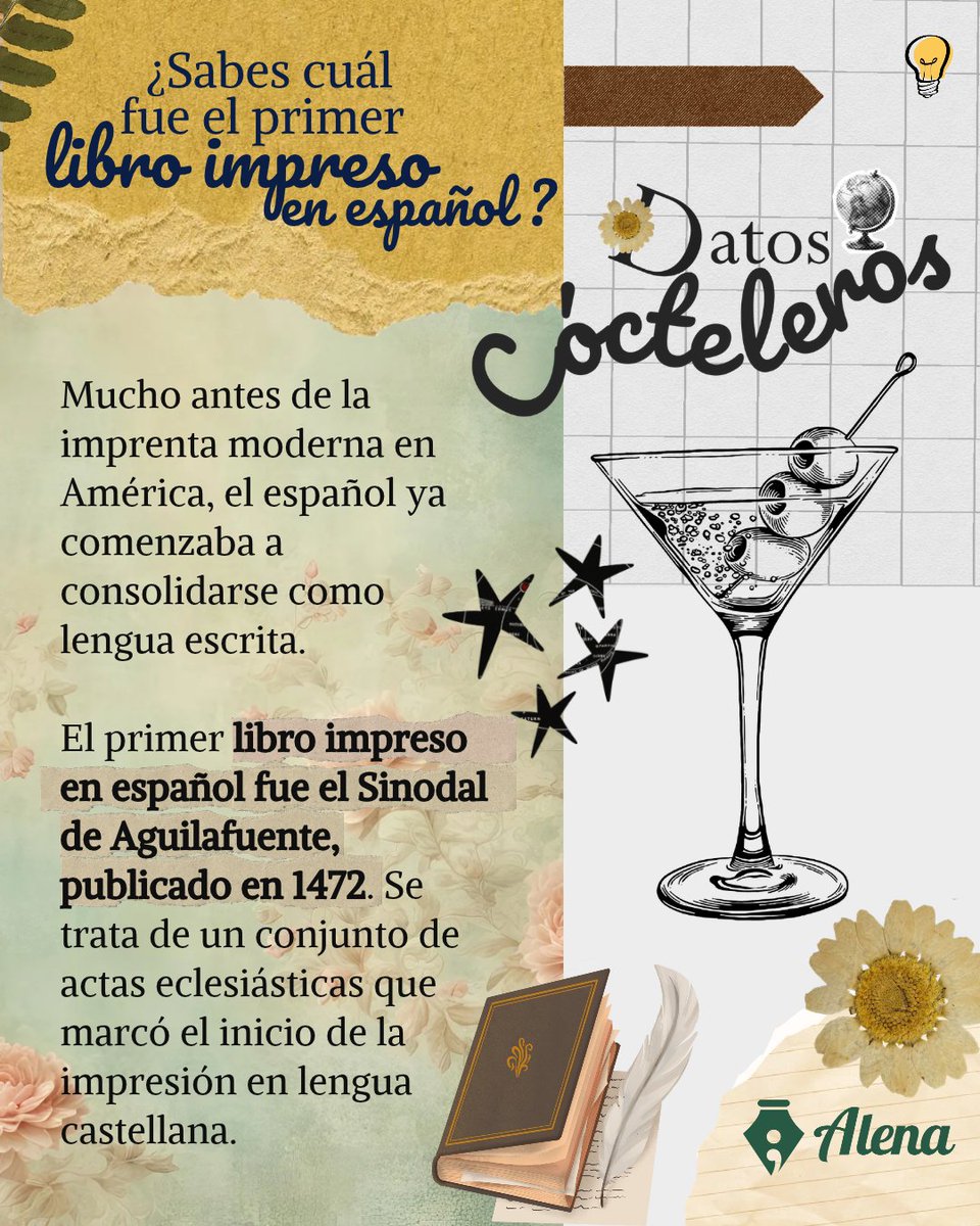 ce_alena's tweet photo. #DatosCocteleros 🍸Toda historia editorial tiene un comienzo. En 1472 se imprimió el primer libro en español: el Sinodal de Aguilafuente. Desde entonces, la imprenta transformó la manera de conservar y compartir el conocimiento. 📚✨ https://t.co/lj6IV3pgch