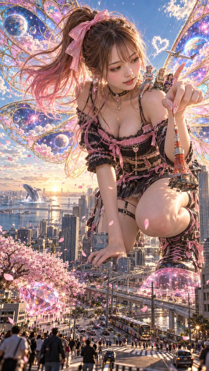 mina_pinkdays's tweet photo. 妖精をレベル100まで育てた結果。

🧚‍♀️「あ、杖落とした💕」

それ、街の建造物です。

なお本人、飛行機を蝶だと思ってます✈️🤣
肩にいる妖精3人の顔も見てほしい。

#AI美女 #巨大娘 #妖精 #異世界 #AIart https://t.co/Oe8X0pue77