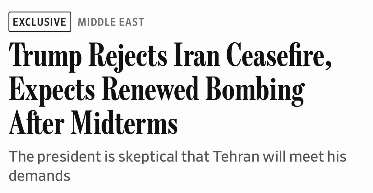 amitisinvesting's tweet photo. WSJ:

- TRUMP REJECTS IRAN SEVEN-DAY CEASEFIRE PROPOSAL

- TRUMP EXPECTS TO RESUME BOMBING AFTER MIDTERMS

- IRAN PROPOSAL SOUGHT SANCTIONS RELIEF, BLOCKADE LIFT TO REOPEN HORMUZ

- U.S. OFFICIAL SAYS TANKER FLOW THROUGH HORMUZ LESSENS DEAL URGENCY

a literal roller coaster https://t.co/ma06ahlEkL