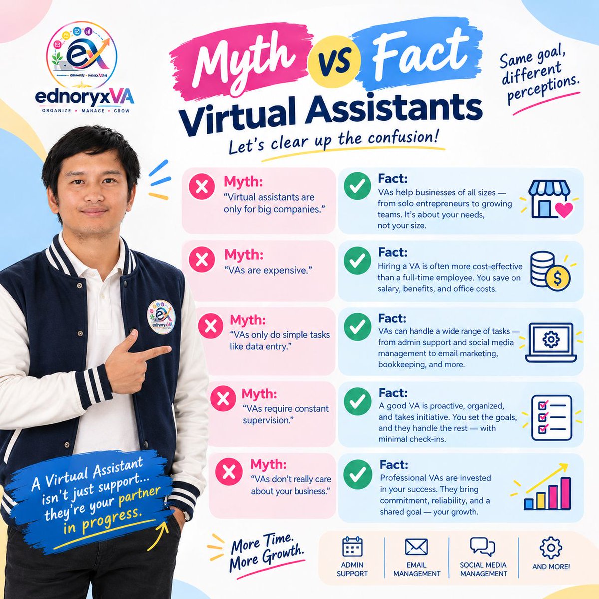 bernabeednor's tweet photo. Think you know what Virtual Assistants really do?  Let’s bust 5 common VA myths and reveal the facts!

Have you heard any of these myths before? Comment below or DM me to learn how a VA can support your business. https://t.co/cU3aZlK6mJ