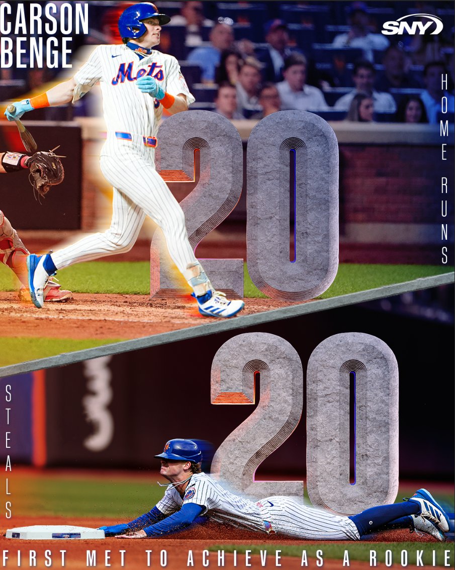 SNY_Mets's tweet photo. Carson Benge makes history as the first Mets rookie to ever have a 20/20 season 👏 https://t.co/isFwdbEgry