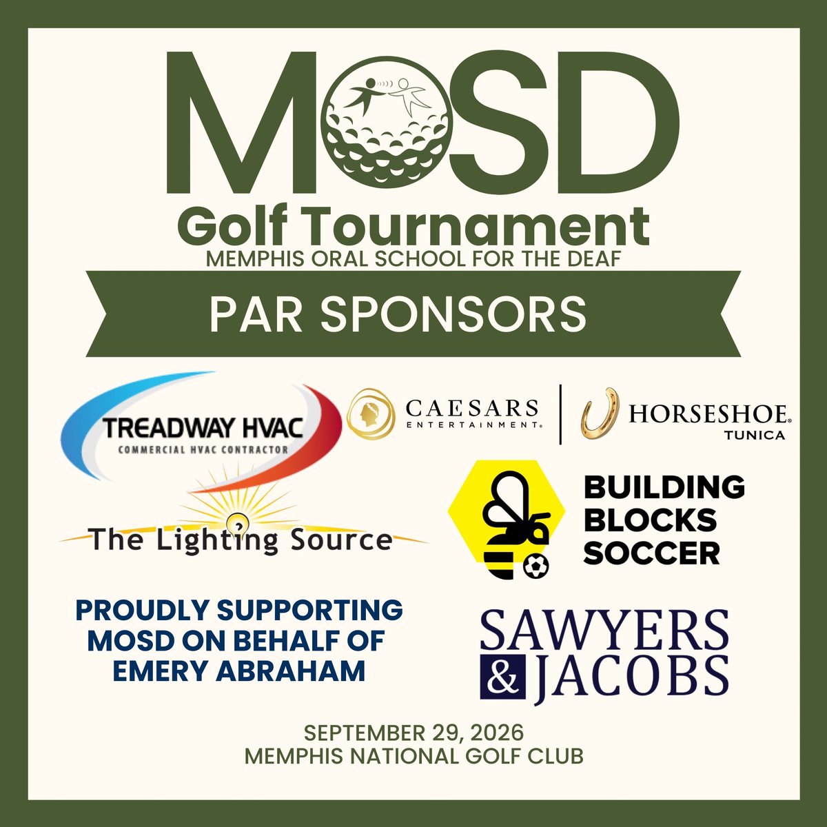 mosdkids's tweet photo. Our annual MOSD Golf Tournament is September 29 at Memphis National Golf Club. We’re grateful to recognize our Par Sponsors:
Treadway Horseshoe Tunica The Lighting Source Building Blocks Soccer The family of Emery Abraham Sawyers and Jacobs https://t.co/6jtd9UWuQr