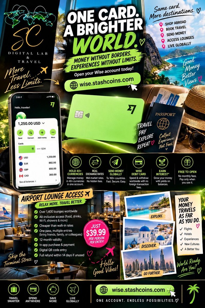 StashCoins's tweet photo. 🌎 GO ANYWHERE. SPEND SMARTER. RELAX BETTER.
Your next international trip deserves more than just a plane ticket. ✈️💚
Get your travel money organized with Wise and discover lounge access before takeoff.
🔥 https://t.co/IHZvcSDGVd
#Wise #AirportLounge #InternationalTravel https://t.co/kMZJKup2QV