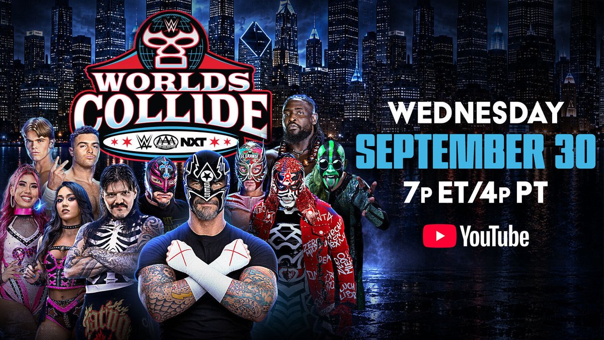 WWE's tweet photo. The best of WWE take on the best of AAA at Worlds Collide!! 👊

Worlds Collide streams NEXT WEDNESDAY, September 30th at 7 ET/4 PT, exclusively on YouTube! 

@WWENXT | @luchalibreaaa https://t.co/u2DeNgiMWI