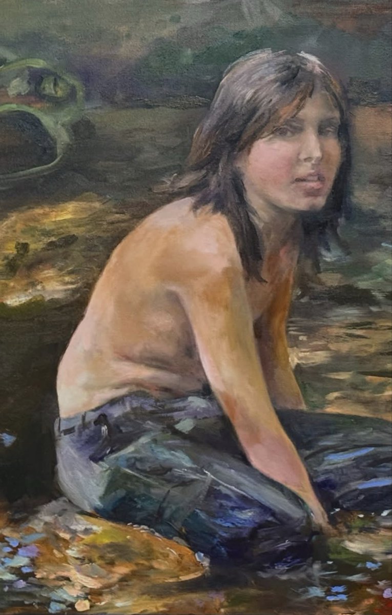 WitbeckLee's tweet photo. The Boy Who Overcame All Magic with Laughter
24×36 oil · available

In the Seneca story collected by Arthur C. Parker, a boy named Gajihsondis grows up under a spell he cannot see. A demon of enchantment has scattered the people and bewitched the world; every wish is blocked and misery sits over everything. His grandfather keeps him hidden and warns him never to go near the spring, where a terrible creature waits.

When the boy finally walks the path, he meets the guardians one by one—a giant frog, a duck, a beaver, then a blue lizard that springs from the water and bites off his legs. Each time the magic rises against him, Gajihsondis does the one thing no one expected: he laughs. The laughter weakens the creatures until their power fails.
This was my son Fox in the stream in Amherst we used to go to—here, he is the boy, still innocent and playful, about to laugh and about to face the challenges of life, the old magic, in the form of the first evil being he meets, the frog, coiled in the dark behind him.

The original will be at my First Friday show. Come see it in person.
#SenecaArt #Haudenosaunee #OilPainting