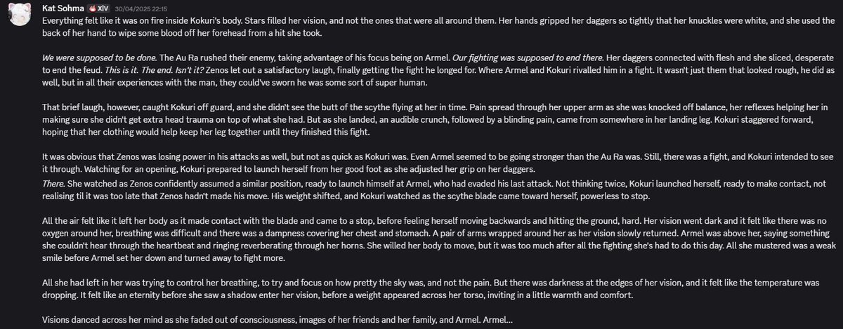 KatSohma's tweet photo. Endwalker Spoilers

Obviously she lived, but she got left with the slightest limp and a large scar across her chest. She's very self conscious about it but gets reminded a lot by her wife that she got it from saving the universe and that she should cherish it. https://t.co/RdzHygwWZe