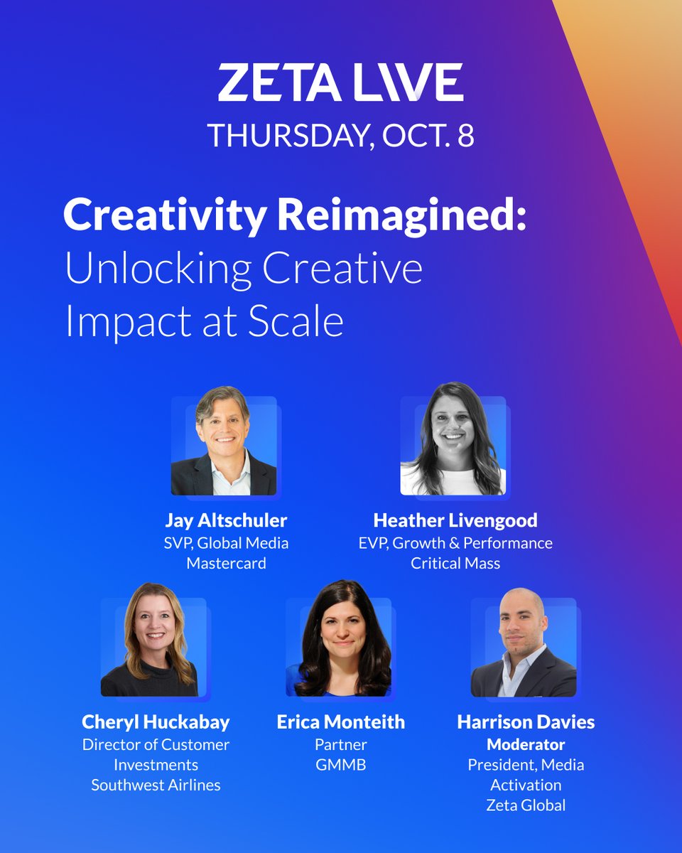 dsteinberg10000's tweet photo. A closer look at some of the sessions taking the stage at Zeta Live 2026

From creativity to loyalty to personalization, we’re bringing together leaders shaping what’s next across marketing and customer experience #ZetaLive26 $zeta
LG 🚀🚀🚀

Request to attend here:  
https://t.co/DYsQ88buvv