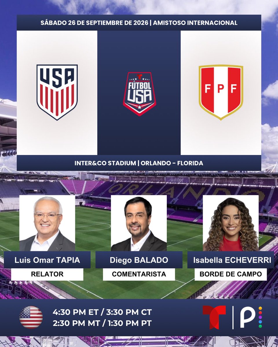 ProgramacionUS's tweet photo. ⚽️ #Amistoso | #EstadosUnidos 🇺🇸 vs. #Perú 🇵🇪

🎙️Relator: @LuisOmarTapia 
🎙️Comentarista: @DiegoBalado 
🎙️Borde de campo: @Isaeche11 
📺 @Telemundo - @NBCUniverso 🇺🇸
💻📱@peacock - @Telemundo App 🇺🇸

#️⃣ #USMNTenTelemundo - #USAvsPER https://t.co/InrSFnezSN
