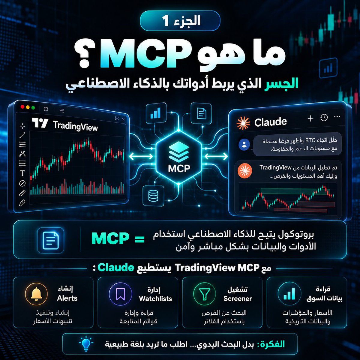 satry33's tweet photo. 🚨 TradingView دخلت رسميًا عالم AI Agents
الموضوع أكبر من مجرد إضافة ذكاء اصطناعي داخل منصة تداول. الفكرة الجديدة هي أن TradingView أصبح لديها MCP Server رسمي يسمح لنماذج ذكاء اصطناعي مثل Claude بالتعامل مع بيانات وأدوات TradingView بطريقة مباشرة ومنظمة.
طيب… ما هو MCP أصلًا؟
ببساطة، اعتبره جسرًا بين الذكاء الاصطناعي والمنصة. بدل أن تفتح الشارت، تبحث يدويًا، تراجع المؤشرات، تنشئ Watchlist ثم تضيف Alerts واحدة واحدة، تستطيع أن تكتب للـAI ما تريد بلغة طبيعية، وهو يستخدم الأدوات المسموح بها لتنفيذ جزء كبير من هذه العملية.
مثلًا تقول له:
ابحث عن الأسهم التي لديها RSI صعودي على فريم 4H، وافحص الاتجاه والزخم، ثم ضع النتائج في قائمة مراقبة.
أو:
حلل BTCUSD، وحدد الاتجاه العام وأهم مناطق الدعم والمقاومة.
أو:
أنشئ تنبيهًا إذا أغلق السعر فوق مستوى معين.
وهنا تظهر قوة الفكرة: الذكاء الاصطناعي لم يعد فقط يشرح لك السوق، بل أصبح قادرًا على استخدام أدوات مرتبطة ببيانات TradingView نفسها.
ومن خلال هذا الربط يستطيع — بحسب الصلاحيات والأدوات المتاحة — قراءة بيانات السوق، تشغيل Screener، التعامل مع Watchlists، إنشاء Alerts، وجلب معلومات تساعده في البحث والتحليل.
لكن نقطة مهمة جدًا: هذا ليس روبوت أرباح سحريًا، ولا يعني أن Claude سيتداول عنك ويطبع لك المال. القوة الحقيقية هنا هي في تسريع البحث، تنظيم المتابعة، تقليل العمل اليدوي، وتحويل الأوامر المكتوبة إلى Workflow عملي.
التحول الذي يحدث الآن هو من:
ابحث → حلل → دوّن → أنشئ قائمة → ضع تنبيه
إلى:
Prompt واحد → بحث وتحليل وتنظيم وتنبيهات
وهنا تبدأ فعليًا مرحلة جديدة في AI-assisted trading research.
📌 في الجزء الثاني: سأشرح طريقة ربط TradingView مع Claude خطوة بخطوة، وما الذي تحتاجه قبل أن تبدأ.