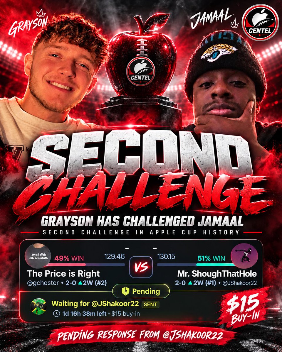 AppleCupCentel's tweet photo. 🚨 CHALLENGE ALERT 🚨

Grayson has officially challenged Jamaal to a $15 Sleeper Challenge in this week’s matchup, marking just the second challenge in Apple Cup history.

Jamaal has yet to respond.

(via @AppleCupCentel) https://t.co/l8ouiiAXBz