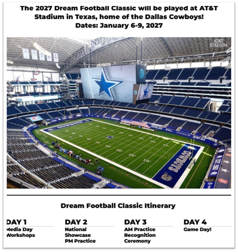 CoachDonRue's tweet photo. @AmareRoy02 If you have the means, please attach a Hudl to your profile. 
I'd like to continue here with an invite to attend our showcase in DALLAS at Cowboys-AT&amp;T Stadium! DREAM Events have added Great Value to High School Prospects, check us out!
https://t.co/ApwXvE3U76 https://t.co/HEBThbHtF5