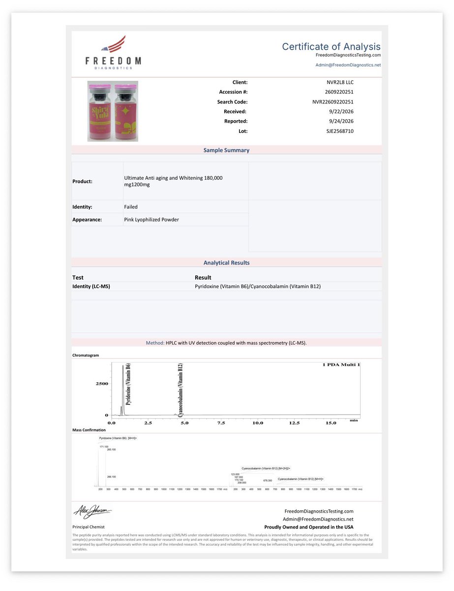 Krysia830073's tweet photo. The Pink Unicorn Glutathione: Turns Out the Glutathione Was the Mythical Part

Shirayuki Japan Glutathione is a pink “beauty gluta” from the Philippines that has developed a considerable following online. Known as the Pink Unicorn, it's advertised for skin whitening and promoted as particularly difficult to obtain.

But people using it had already begun noticing that it didn't appear to be doing anything. Two failed identity tests may explain why.

The product is advertised as containing 180,000 mg of glutathione across 40 vials, alongside vitamin C, amino acids, kojic acid, thioctic acid, tranexamic acid, collagen extract, hyaluronic acid and several other ingredients. The seller also confirmed that it is intended for IV use, not intramuscular injection.

Two separately submitted samples have now failed identity testing at Freedom Diagnostics.

The first COA, issued on 16 September, identified cyanocobalamin (vitamin B12) only and the second COA, issued on 24 September, identified pyridoxine (vitamin B6) and cyanocobalamin (vitamin B12). 

That is particularly concerning when the product is being promoted for intravenous administration. Neither report shown includes a sterility or endotoxin result, and the microbial PCR result reported for one sample doesn't alter the failed chemical identity.

The Pink Unicorn was always supposed to be difficult to find. Nobody expected the glutathione to be the part that had disappeared!