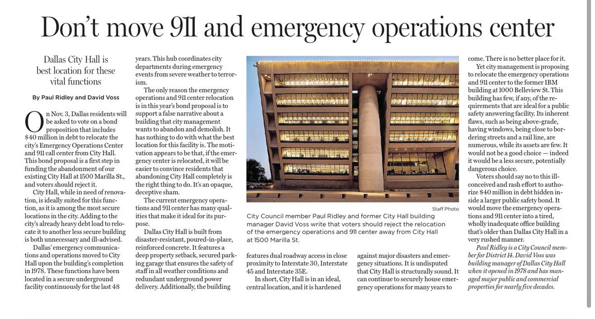 BustTheBond's tweet photo. DON'T MOVE 911 operations! Read Dallas City Councilmember @ridleyfordallas &amp; David Voss' editorial on why this is a terrible idea and SHOULD NOT be included in the November bond! 

VOte NO in NOvember! 
Bust the Bond! https://t.co/9ccK6i34qK
