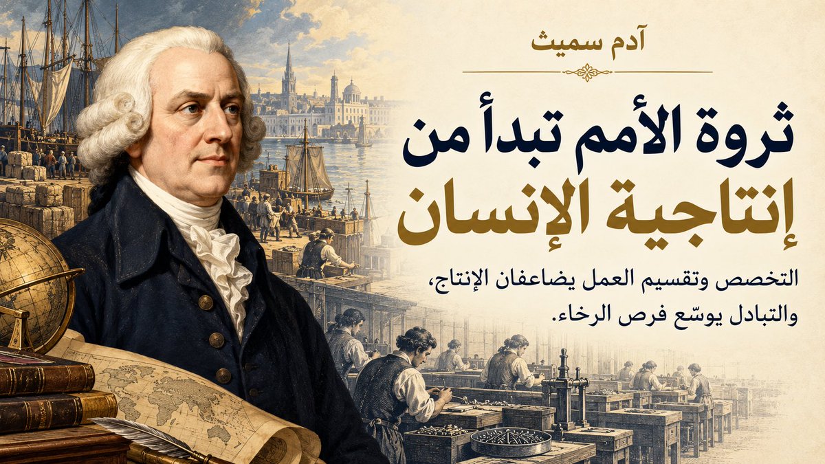 YousefAlsaedi4's tweet photo. رأى آدم سميث أن ازدهار الأمم يبدأ من إنتاجية الإنسان، وأن تقسيم العمل والتخصص يضاعفان ما يمكن إنجازه. وحين تتاح للناس فرصة العمل والتبادل، تنمو الأسواق وتتسع فرص الرخاء.

سأل آدم سميث: من أين تأتي ثروة الأمم؟ لم يبحث عنها في خزائن الذهب، بل في قدرة الناس على الإنتاج والتخصص والتبادل. فكرة غيّرت فهمنا للاقتصاد: ثروة المجتمع تنمو حين تتسع فرص أفراده للعمل والابتكار.

#آدم_سميث
#اليد_الخفية
#ثروة_الأمم
#الإنتاج
#تقسيم_العمل