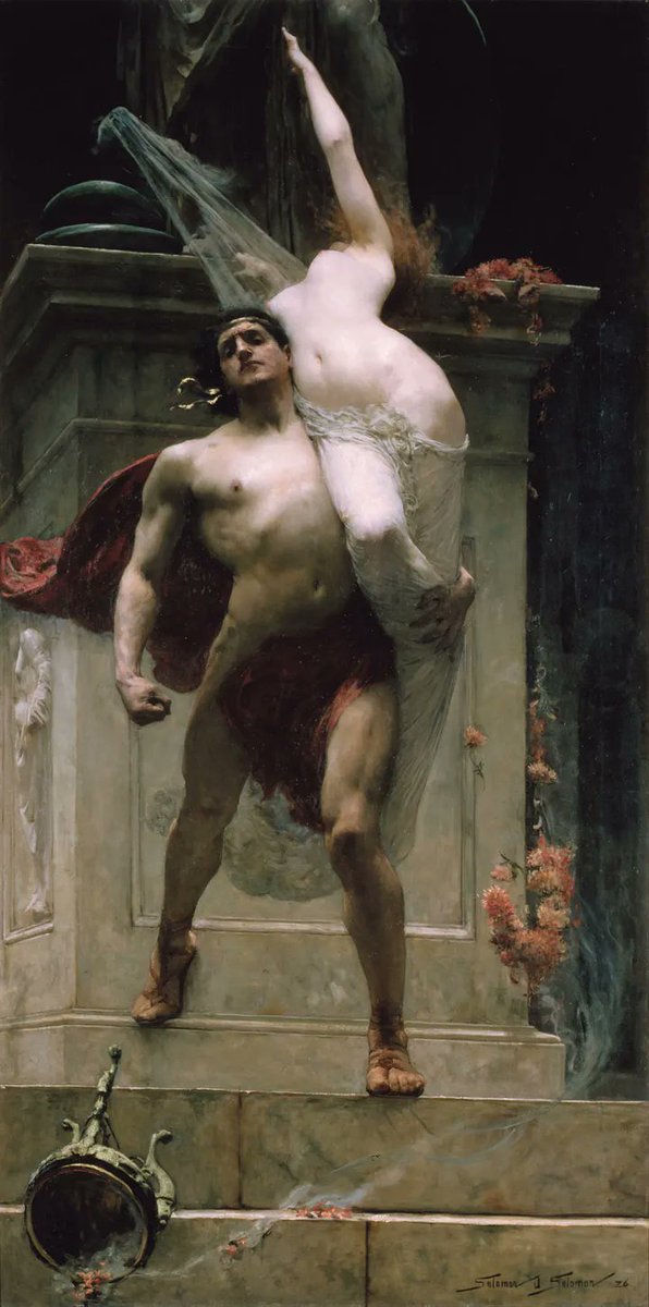 archeohistories's tweet photo. Cassandra was one of the most tragic figures in Greek Mythology. She was daughter of Priam of Troy (therfore sister of Hector and Paris). She was so beautiful that Apollo offer her the gift of prophecy. However she died the God's love, so Apollo transformed her gift to tell the future but without anyone believing her.

She tried to warn Priam, Hector and Trojans several times :

Cassandra predicted destruction of Troy when Paris was born to Hecabe. Cassandra’s first commonly told prediction again involves Paris, but from years later, when her brother returns to Troy with Helena. Hector would chastise his brother for his actions, but Cassandra told how she now saw the future ruin of Troy, but of course, as per the curse of Apollo, Cassandra was ignored.
 
The abduction of Helen would of course lead to Trojan War and during war Cassandra would witness many of her brothers die in defence of Troy. Eventually, Achaeans came up with a plan to finally take the city of Troy, and a Wooden Horse was constructed, and then seemingly abandoned outside the city walls. Cassandra immediately saw what would happen if Trojans were to take possession of horse and whilst Cassandra tried to convince her kinsmen of risk, she was of course ignored. Thus, Wooden Horse, with its belly full of Achaean heroes, was taken into Troy, leading, that night, to Sacking of Troy.

During the sack of the city, Cassandra was found by Ajax the Lesser hiding in Athena's temple, he dragged Cassandra from the altar of Athena and raped her. Athena, furious, killed Ajax with a blow. The rape of Cassandra by Ajax was a favourite scene in Greek art. However, the fate of Cassandra got worse, as Achaeans disputed who would take her as trophy with Agamemnon eventually got her as concubine. In the end, in the palace of Mycenes, Cassandra was violently murdered by Agamemnon's jealous wife, Clytemnestra.

📷 : Timeless Tale of Tragedy and Triumph - "Ajax and Cassandra" by Solomon Joseph Solomon (1886) -

Whoever saw Solomon Joseph Solomon's masterpiece, "Ajax and Cassandra" (1886), immediately struck by the sheer intensity and emotion that radiated from the canvas. This monumental work of art, measuring an impressive 7ft by 10ft, captures a pivotal moment in Greek mythology, where the Trojan princess Cassandra is forcibly taken from sanctuary of Athena by Greek hero Ajax the Lesser.

Solomon's masterful use of color and light breathes life into this tragic scene. The rich, deep hues of the temple's interior contrast with the golden glow of the setting sun, casting an ethereal light upon the figures. This juxtaposition of darkness and light serves to heighten the drama and tension of the moment, as the viewer is drawn into the struggle between the two central characters.

The artist's attention to detail is nothing short of extraordinary. The intricate patterns on the temple's columns and the delicate folds of the characters' garments showcase Solomon's skill and dedication to his craft. The expressions on the faces of the onlookers, ranging from horror to disbelief, further emphasize the gravity of the situation.

At the heart of the painting, we find the ill-fated Cassandra, her eyes filled with terror and despair as she clings to the statue of Athena. Her vulnerability is palpable, and one cannot help but feel a deep sense of empathy for her plight. Ajax, on the other hand, is depicted as a powerful and imposing figure, his muscular form and determined expression embodying the ruthless nature of war.

What truly sets "Ajax and Cassandra" apart, however, is way in which Solomon manages to convey timeless themes of tragedy and triumph. The painting serves as a poignant reminder of human cost of war and devastating consequences of unchecked ambition. At same time, it celebrates the resilience of the human spirit, as Cassandra's defiance in the face of adversity continues to inspire viewers more than a century after painting's creation.

#archaeohistories