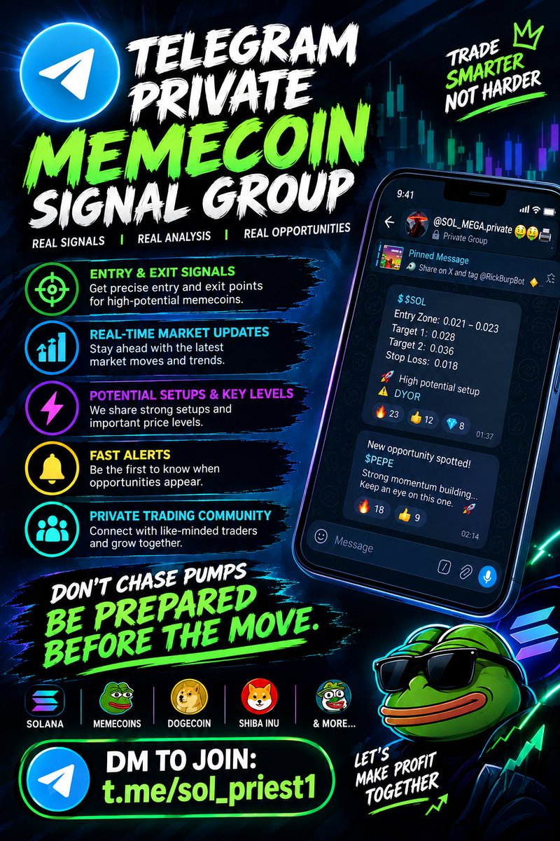 Sol_mega1's tweet photo. 🚨 PRIVATE MEMECOIN SIGNAL GROUP 🚨
🔥 Stop chasing pumps. Start watching the setups before the move.
Join our private Telegram community for: 🎯 Entry & exit signals
📊 Real-time market updates
⚡ Fast opportunity alerts
💎 Potential memecoin setups & key levels
👥 A community of traders sharing market insights
📲 DM TO JOIN:
👉 https://t.co/7PAwqIv5d5
🚀 Trade smarter. Stay prepared. Do your own research and manage your risk.
#Solana #MemeCoin #CryptoSignals #Memecoins #SOL