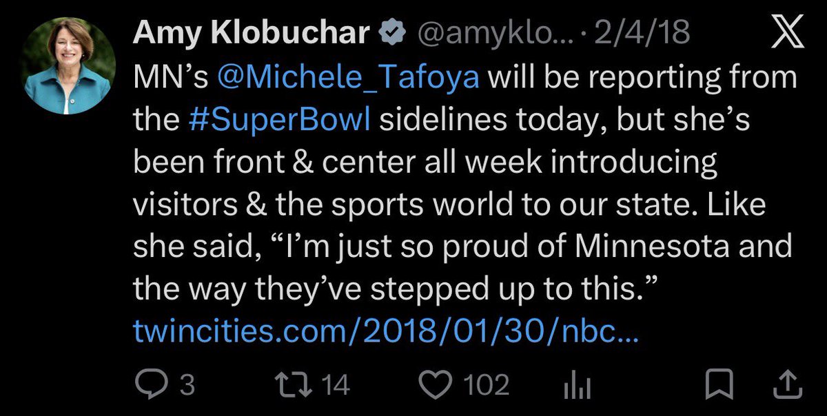 GrageDustin's tweet photo. Oh, look.

Even Amy Klobuchar acknowledged that Michele Tafoya is proud of Minnesota.

It’s almost as if the fraud is what’s been embarrassing. https://t.co/d8tSdxjclG
