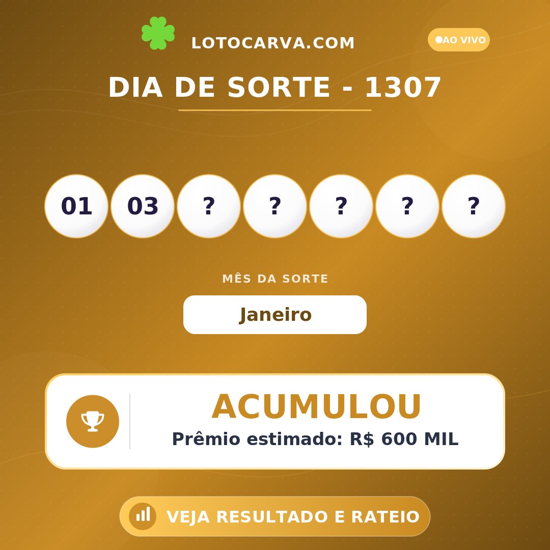 lotocarva's tweet photo. Dia de Sorte 1307: Não houve ganhador na faixa principal. Próximo prêmio estimado: R$ 600 MIL. Resultado completo no Lotocarva. #DiaDeSorte #LoteriasCaixa https://t.co/GQ4jN3uFeq