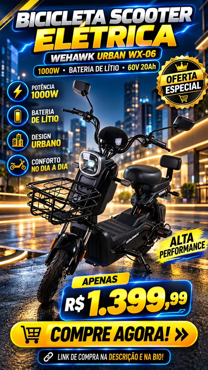 WillisdosSw2's tweet photo. 🛵🔥 Praticidade, potência e estilo para sua rotina!

⚡ Scooter Elétrica Wehawk Urban WX-06
💥 Motor 1000W
🔋 Bateria Lítio 60V 20Ah
😎 Design urbano e moderno
🚨 EM OFERTA!
💰 R$ 1.399,00
🛒 Compre aqui 👇
https://t.co/u2k2Gt6mho

⚠️ Oferta sujeita a alterações. https://t.co/KRmYXDaMw7
