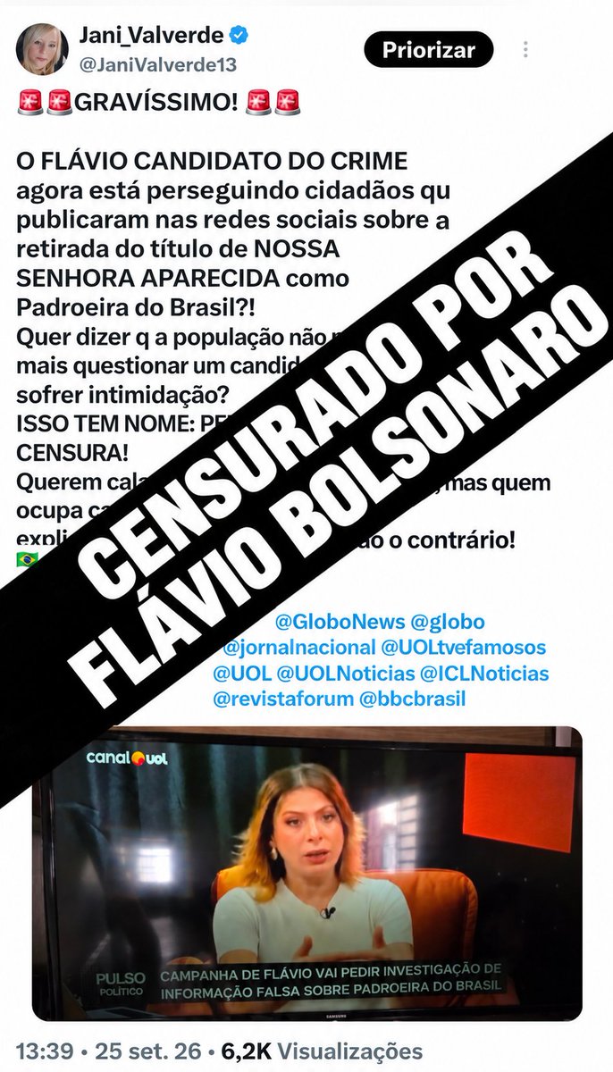 JaniValverde13's tweet photo. 🚨🚨AGORA É CRIME COMPARTILHAR UMA NOTÍCIA VEICULADA NA MÍDIA?! 🚨

UÉ, CADÊ A MINHA LIBERDADE DE EXPRESSÃO?! CADÊ O MEU DIREITO DE OPINIÃO?!
Quer dizer q liberdade de expressão só vale quando é conveniente para eles?! Quando é para questionar, criticar ou cobrar explicações de um político, vira caso de investigação?!
Que democracia curiosa, hein?! 😂 

LIBERDADE DE EXPRESSÃO PARA ELES, CENSURA PARA OS OUTROS?!
Desde quando compartilhar uma reportagem virou motivo para intimidar cidadão?! 🇧🇷

FLÁVIO CENSUROU NOSSA SENHORA