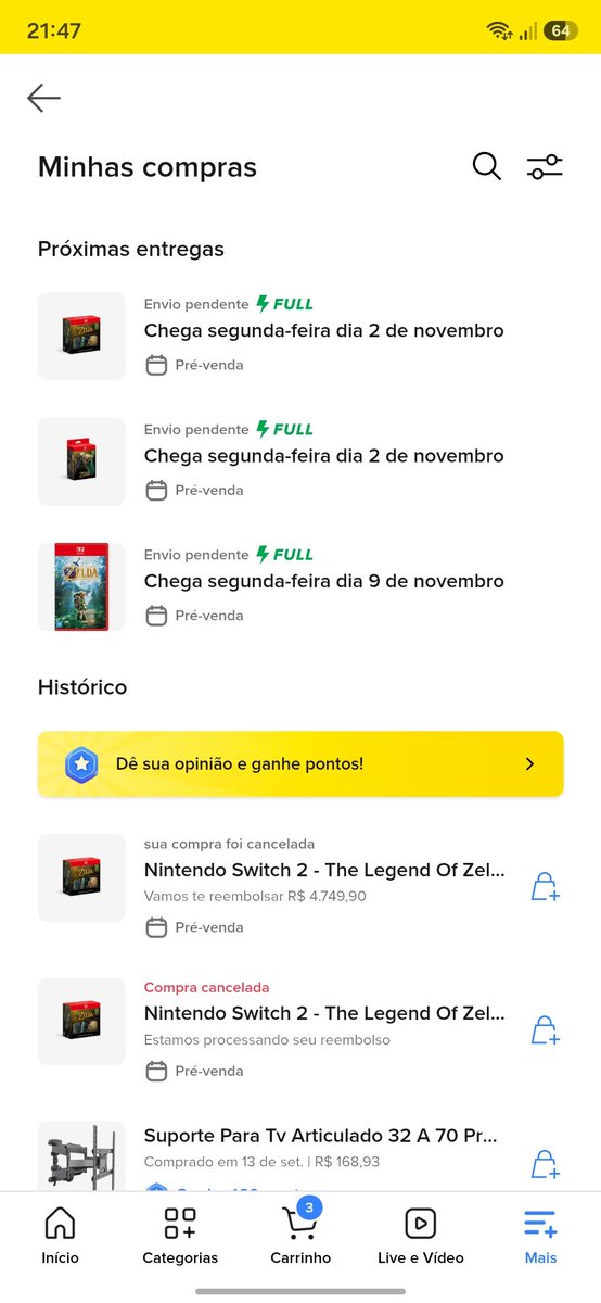 mateusnunes620's tweet photo. @danielreen Só compartilhando um problema, eu fiz a compra do console naquela live que você ficou até 20h, tava tudo certo, até que agora do nada cancelaram meu pedido, mas dando F5 o console reapareceu e eu comprei de novo (já tem um cancelamento porque na sexta cancelaram uma vez) https://t.co/jwBIPBJdDm