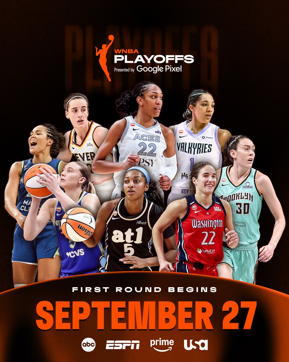 WNBA's tweet photo. Lock in 🔒 It’s almost time for Playoffs in the W

The First Round begins this Sunday September 27th! 

2026 WNBA Playoffs presented by Google Pixel https://t.co/IDdphBYyyV