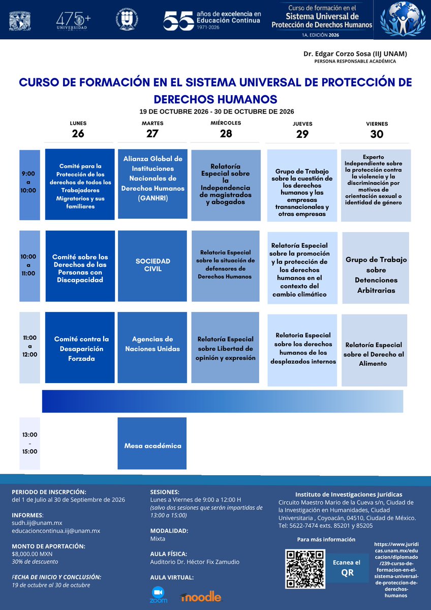 IIJUNAM's tweet photo. ¡El Sistema Universal de Protección de Derechos Humanos a tu alcance! 🌍✨

Aprende junto a especialistas de la ONU a analizar los retos globales y la defensa de los DDHH desde una visión práctica y rigurosa.

🗓️ 19 al 30 de oct | 9:00 h
Inscríbete aquí: https://t.co/aj1mNL4clt https://t.co/mxqtX3ZfUI