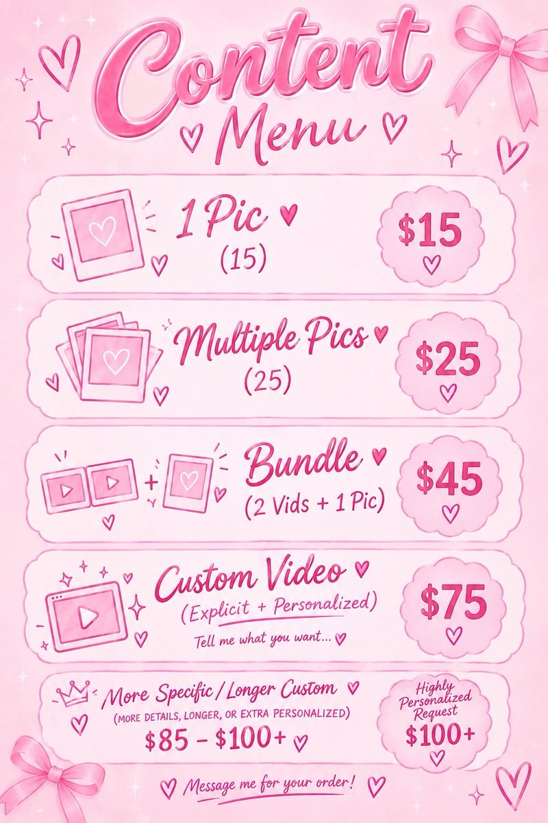 jay1728999's tweet photo. https://t.co/caGaknvgGk
🎀 Shower Pic $15
🎀 Shower Video $25
💗 lingerie Pic  $15
💗 Lounge Video $25
🍳 Cooking/Cleaning Skit or Reel $30
🦶 Feet/Nail Pics $15
✨ Cute Lil Pics $15
🎥 Cute Lil Video $25
💌 Custom Request starting at $50
💕 JOI (jerk off instructions)3-5 min $25 https://t.co/T2ZUvdoV7N