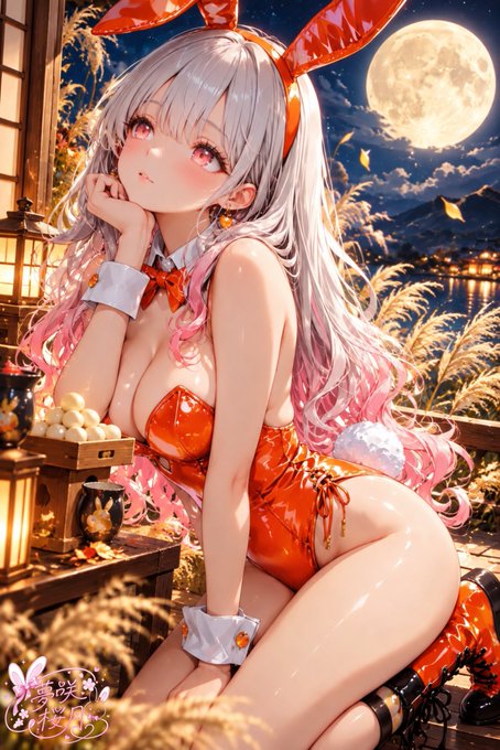 An anime-style illustration of a silver-haired girl with bunny ears in an orange outfit, posed against a nighttime moonlit landscape with lanterns.
