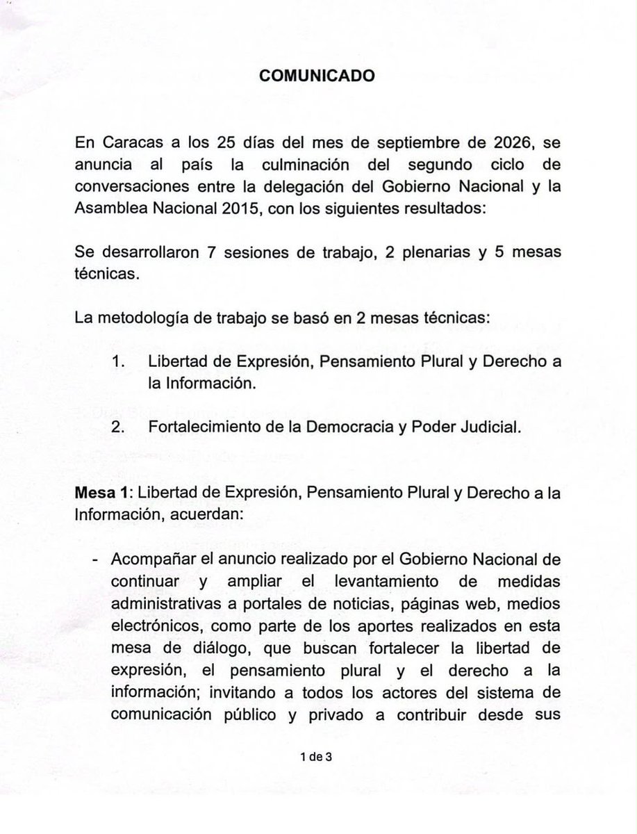 VoluntadPopular's tweet photo. La culminación de este segundo ciclo de conversaciones deja avances concretos: la continuación y ampliación del levantamiento de restricciones a medios y portales de noticias, la apertura de una discusión sobre el uso del espectro radioeléctrico y la conformación de un Consejo de Revisión de Credenciales para los postulados al Tribunal Supremo de Justicia, integrado mayoritariamente por juristas independientes.

También se acordó avanzar en la conformación del Comité de Postulaciones Judiciales, publicar el cronograma correspondiente y continuar la revisión de las reformas necesarias para transformar el sistema de justicia. Son pasos concretos hacia la recuperación institucional del país y una transición democrática con más libertades, garantías e independencia de los poderes públicos.