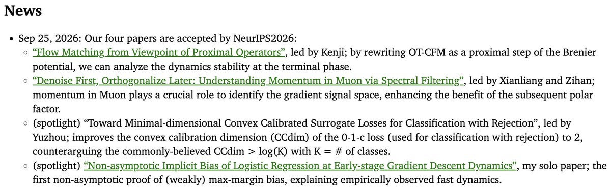 levelfour_'s tweet photo. We are excited to have following papers at #NeurIPS2026! I'm proud of all of them, but in particular, it's fantastic to have the first collaboration with my first PhD student @XianliangLi910 on momentum analysis of Muon. Come to see his work 👉 https://t.co/EjMBTe3vRs https://t.co/dYSZIUfnsV