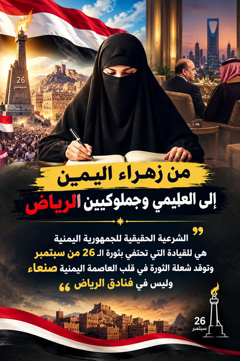 zhraa_alyemen's tweet photo. من زهراء اليمن إلى العليمي وجملوكيين الرياض
الشرعية الحقيقية للجمهورية اليمنية هي القيادة التي تحتفي بثورة الـ26 من سبتمبر وتوقد شعلة الثورة في قلب العاصمة اليمنية #صنعاء وليس في فنادق الرياض. https://t.co/SOSPC8QGny
