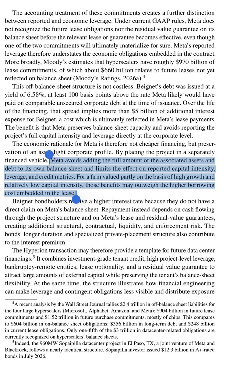 TheStalwart's tweet photo. This is a very good and clear writeup on datacenter finance. Can someone explain to me in an EMH-compatible way why it’s worth $META paying *more* in interest just in order to nominally remain an “asset-light” business? https://t.co/m5cex1UKAO