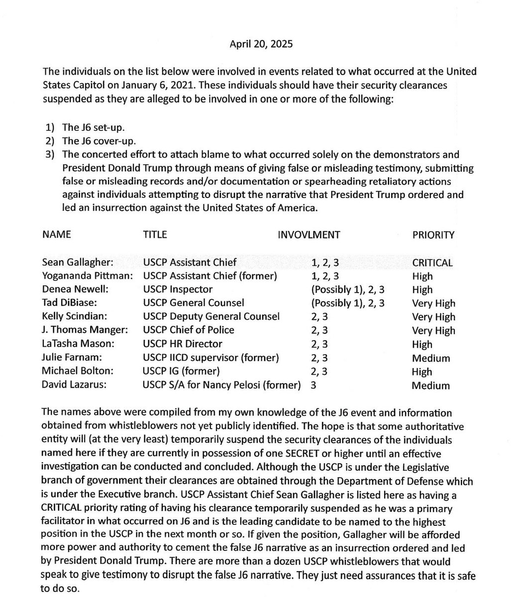 IvanRaiklin's tweet photo. As you prepare to watch the American Martyrs premiere tomorrow, understand how the Fedsurrection was conducted and covered up.

These USCP officers belong on America’s Most Wanted list:

Shauni Kerkhoff
Yogananda Pittman Sean Gallagher Tad DiBiase @JulieFarnam Denea Newell Michael Byrd @SergeantAqGo @libradunn

They worked with MPD criminals Jason Bagshaw, Lila Morris, and Michael Fanone — and Fedsurrection covert action agent Ray Epps.

A never-before-published April 20, 2025 memo sent to DNI Gabbard’s DIG also names:

Kelly Scindian J. Thomas Manger LaTasha Mason Michael Bolton David Lazarus

This investigation was one of the reasons ODNI's DIG was shut down by CIA's John Ratcliffe, Michael Ellis and Aaron Lukas.

The movie shows the story of some of the Fedsurrectionists' victims. This list are those Fedsurrectionists who initiated the Fedsurrection under 2USC1967 jurisdiction and weaponization frame with USCP perjury and manipulated CCTV (under 2USC1979 authority) provided to a corrupt DOJ to manipulate all the J6 judges and juries — in the courtroom, on TV, and in the papers.

This interview names names.  I suggest you take notes while watching.  There is much more to my investigation on each one of these former and current USCP officers.
Here is a memo I sent to the DIG in April 2025. 

@SecWar @PeteHegseth Pull their clearances and designate a person at DOW to investigate them for Seditious Conspiracy as DOW clearance holders.