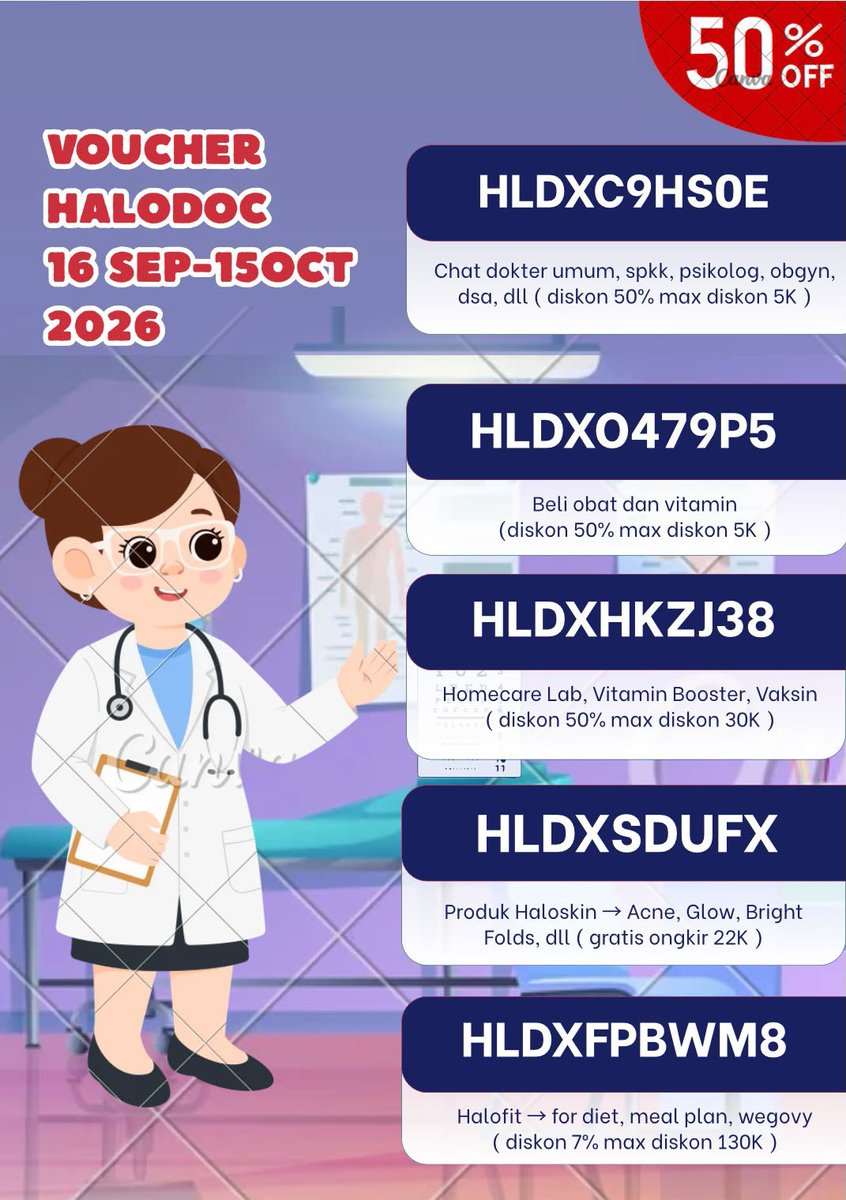 morovoucher's tweet photo. Voucher Halodoc Terbaru ‼️

✨ HLDXC9HS0E
chat dokter umum, spkk, psikolog, dll

✨ HLDXO479P5
beli obat &amp; vitamin

✨ HLDXHKZJ38
homecare Lab, Vitamin Booster, Vaksin

✨ HLDXSDUFX
haloskin (acne, glow)

✨ HLDXFPBWM8
halofit (diet, meal plan, wegovy)

#zonauang #zonajajan https://t.co/SspH1KPY8j