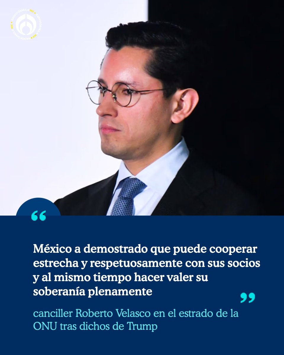 Radio_Formula's tweet photo. ¡Cooperación sin sumisión! 🫵🇲🇽 El canciller mexicano Roberto Velasco (@r_velascoa) subió al estrado de la ONU y en su intervención dijo: "México puede cooperar con sus socios y hacer valer su soberanía", por los dichos de Donald Trump en el mismo escenario.

Más información en Radio Fórmula: https://t.co/MKys3S6D6b