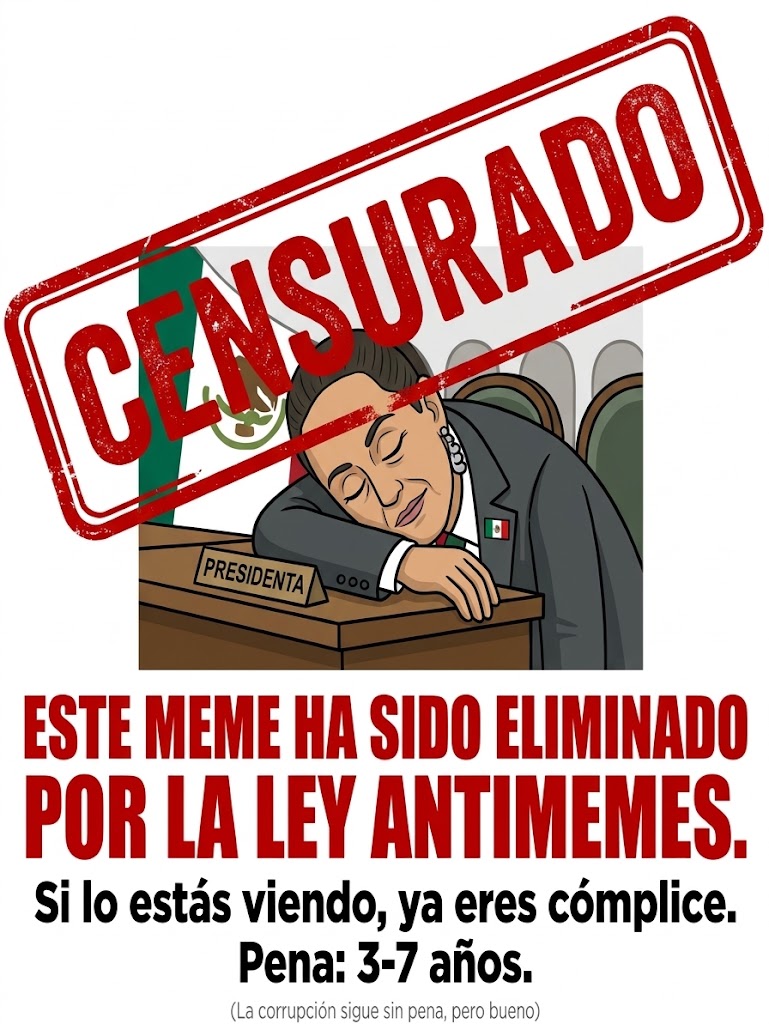 politicazmx's tweet photo. El aparato de justicia mexicano por fin tiene prioridades claras.

Desaparecer millones del erario público sigue siendo un error administrativo sin castigo, pero compartirle este meme de la Presidenta a tu tía te convierte en una amenaza a la soberanía nacional 🙂 https://t.co/H0OilF8zzD