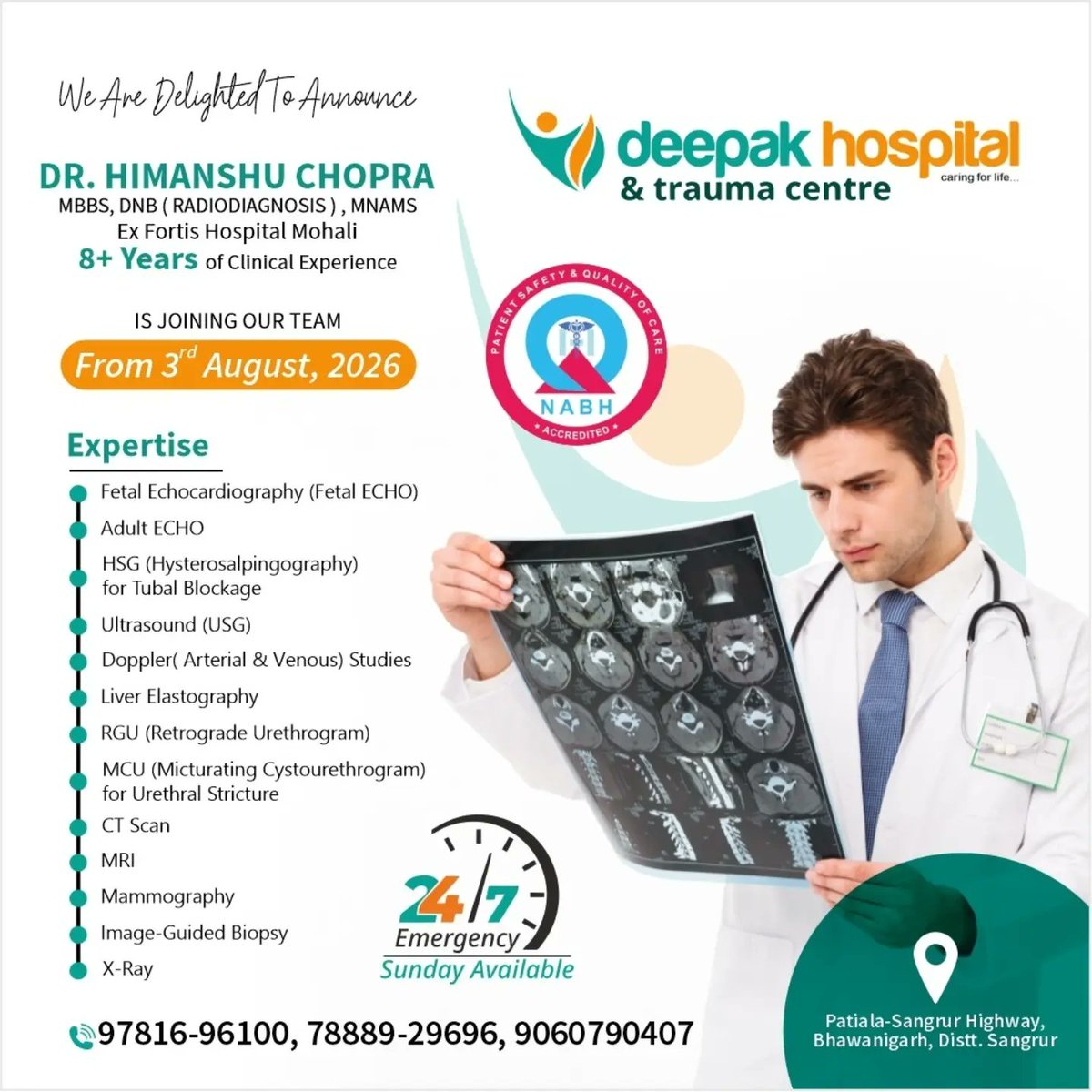 chloethompsoni3's tweet photo. Dr. Himanshu Chopra, a radiodiagnosis specialist with 8+ years of experience, joins Deepak Hospital and Trauma Centre on 3 August 2026. Expert ECHO, MRI, CT and ultrasound care available in Bhawanigarh. Call 97816-96100. https://t.co/oYpmLaUPJp