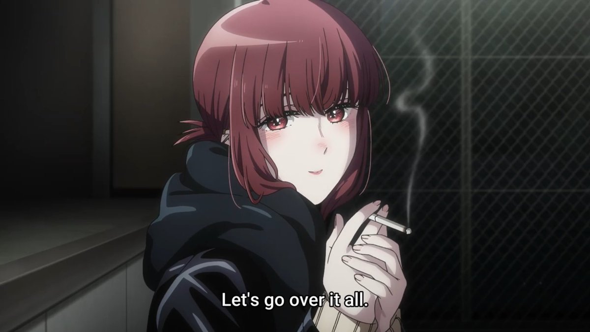 A red-haired anime character with a cigarette glances back with flushed cheeks, with the subtitle "Let's go over it all." The character's cool, confident demeanor and intimate setting create a romantic atmosphere that aligns with the repeated "GET MARRIED" message, as if suggesting a pivotal conversation about commitment.