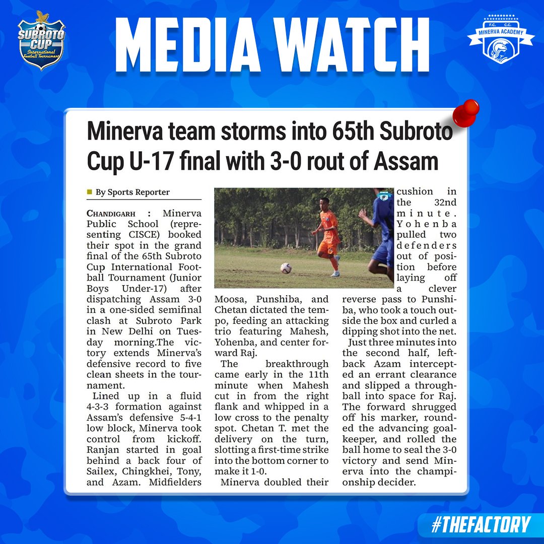 minervapunjabfc's tweet photo. MEDIA WATCH 🏆📰🇮🇳

Proud to see our #Warriors’ journey at the 65th Subroto Cup being recognised by the media.

SUBROTO CUP CHAMPIONS. 🏆🔥

#MAFC #TheFactory #SubrotoCup2026 #MediaWatch https://t.co/K7PMe0oJzq