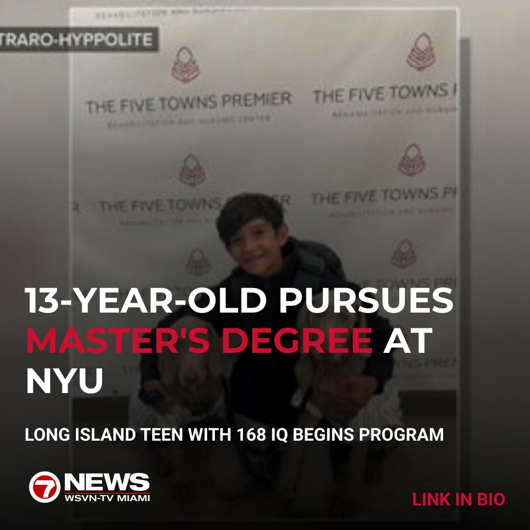 wsvn's tweet photo. 13-year-old boy with a 168 IQ will soon pursue his master’s at NYU https://t.co/YvEtv2HXV5