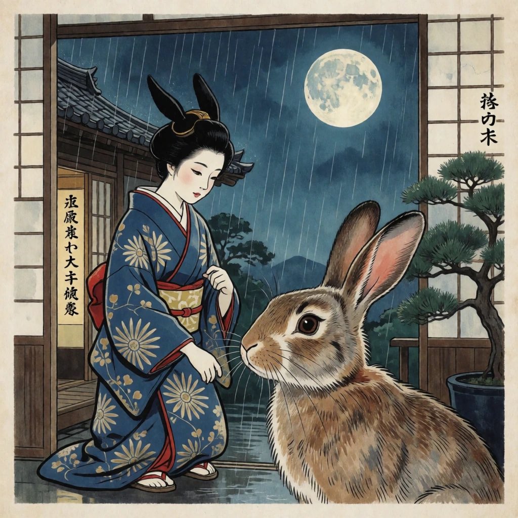 SavenSatow's tweet photo. "Moon-viewing on a Rainy Night" by Saven Satow with AI
#Moonviewing
#RainyNight
#Rabit
#Chinoiserie
#art
#ai https://t.co/HbRj15GQqT