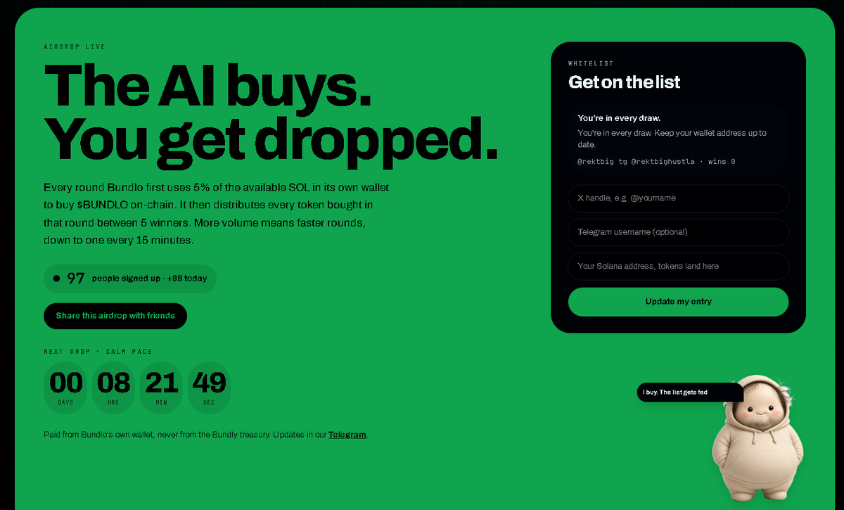 UseBundly's tweet photo. Nearly 100 wallets smashed the whitelist in under 24 hours. The flywheel is officially alive: 

🔗 https://t.co/gAGcdYl1vC

Here is why people are piling into this airdrop before round one executes:

Zero drainer risk. You never connect your wallet. No signatures, no approvals, zero contract permissions. You drop your public Solana address and you are locked in.

Pure autonomous buy pressure. Bundlo is an on-chain agent with its own treasury. Every cycle it market-buys $BUNDLO directly on Solana and airdrops 100% of those tokens to 5 random wallets on the list. No team dumping, no manual distribution.

Referrals multiply your odds. Every person who joins through your personal link increases your draw weight on every single round. Share it with your group and stack your chances.

Asymmetric upside. Supply is tight, the AI buyer runs automatically, and real revenue fuels the buybacks. Getting on the receiver list this early is the easiest asymmetric play on Solana right now.

Do the math before the next buyback hits the chain.

Join the list, grab your referral link, sit back: 

🔗 https://t.co/gAGcdYl1vC
