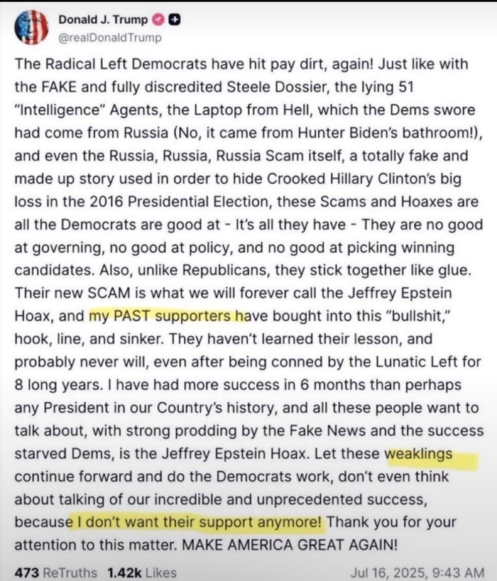 GeraldNapo18142's tweet photo. @DavidHo86940493 @Trap_12G It was this Truth Social Post. He told me I’m not MAGA, now he’s begging for my vote. Tough titties Mr. Trump. https://t.co/hDhgarzQSk