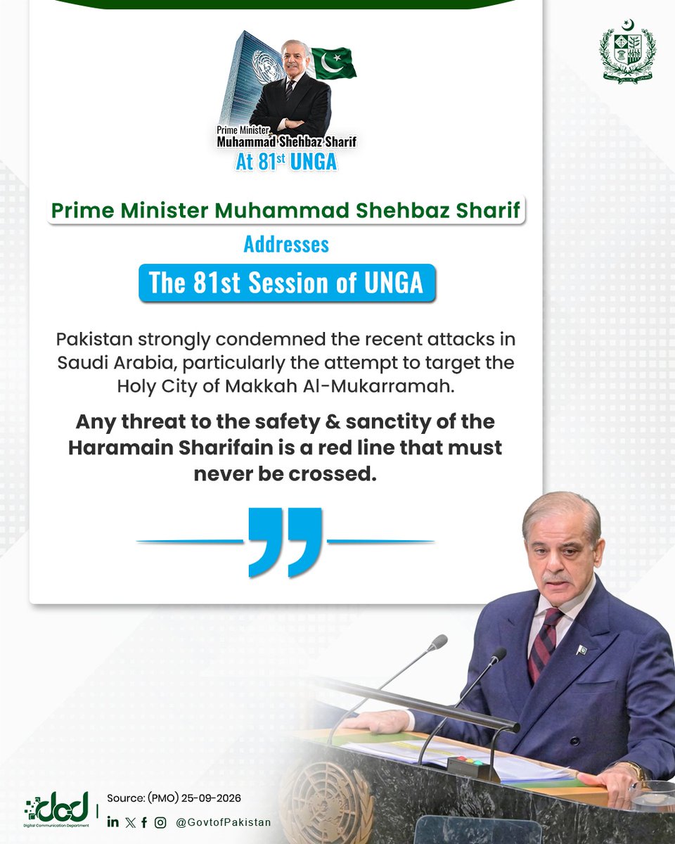 GovtofPakistan's tweet photo. Prime Minister Muhammad Shehbaz Sharif addresses the 81st Session of the United Nations General Assembly

“Pakistan has chosen peace and dialogue over confrontation. The resolution of prevailing conflicts, including those in the Middle East, Kashmir, and Palestine, is crucial for ensuring the restoration of global trust and peace. We live at a dangerous moment. But our future is certainly not predetermined. Therefore, of course, war is a choice. Peace is also a choice. And sometimes, the greater courage lies not in starting a war, but in preventing one.

Pakistan has made its choice. We have chosen dialogue over confrontation. We have chosen cooperation over coercion. We have chosen peace over war. Pakistan’s vision on pressing global and regional challenges touched upon a wide array of issues, prominently the situation in the Middle East, human rights violations and the ongoing humanitarian crises in Palestine and Indian Illegally Occupied Jammu and Kashmir (IIOJK), India’s unilateral suspension of the Indus Waters Treaty, the rising threat of terrorism emanating from Afghanistan, the impacts of climate change, widening economic and debt burdens on developing countries, and the urgent need for global de-escalation and dialogue.”

#PMShehbazAtUNGA81