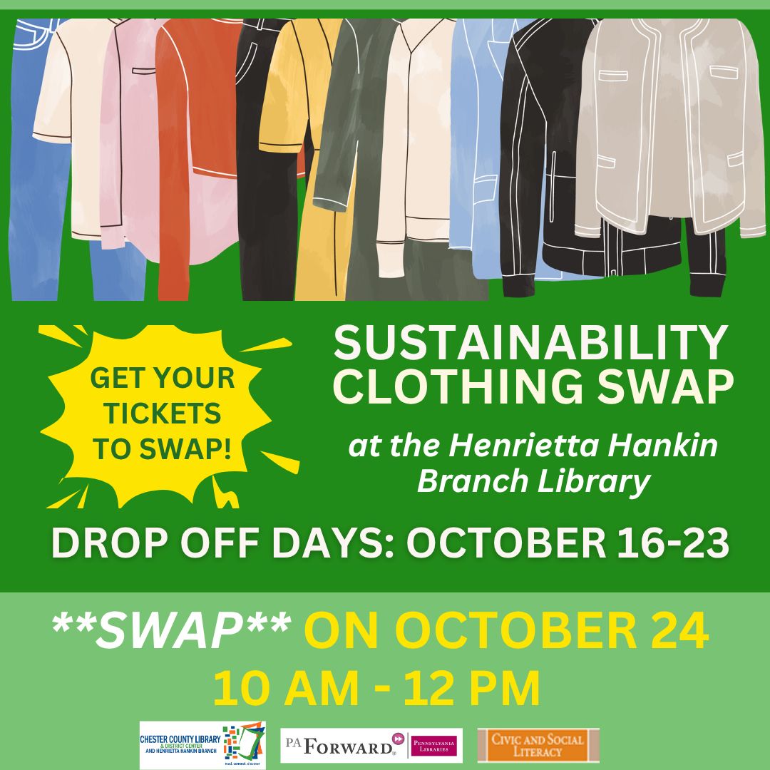 HankinLibrary's tweet photo. Fall Sustainability Clothing Swap!

Bring your new or gently-used clothes, accessories, and shoes from October 16-23, and get tickets to "shop" the swap on Saturday, October 24. Fall and winter items only, please. For more information click here. https://t.co/7IR8DOYpPk https://t.co/7ypxgjLaQN