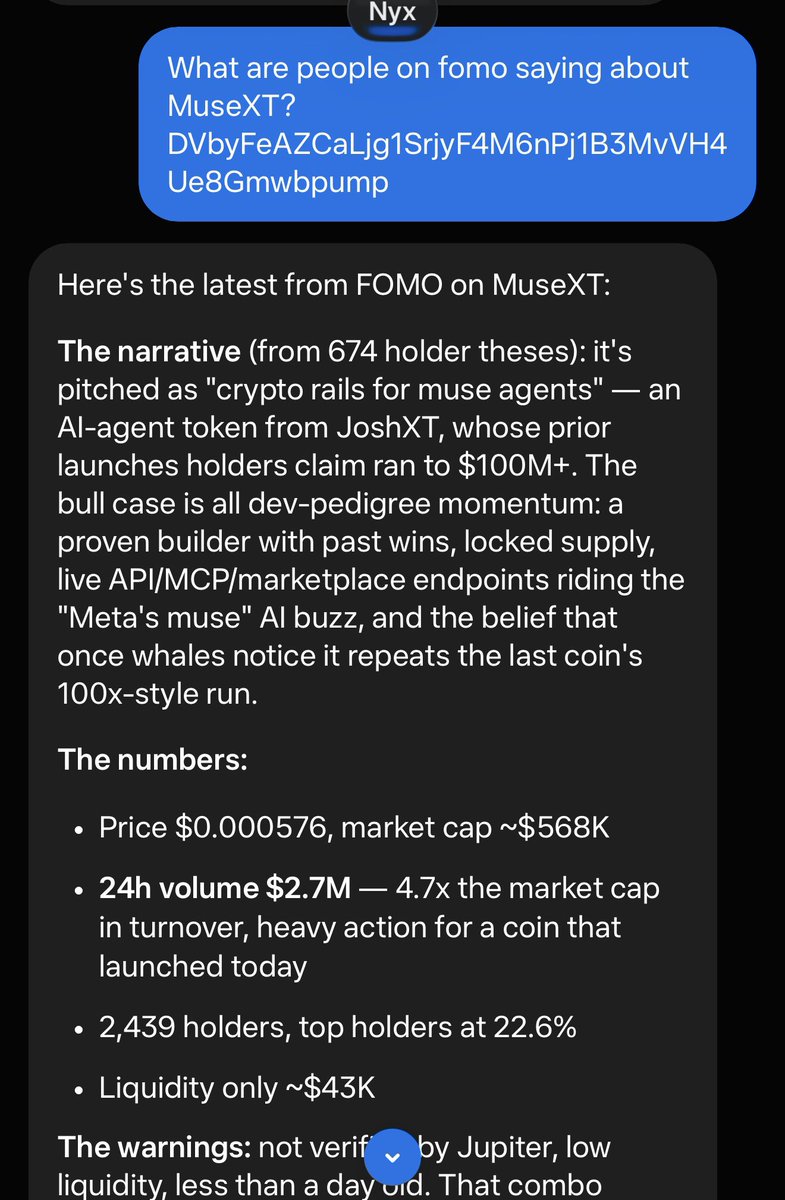 useMuseXT's tweet photo. MuseXT allows your agent to summarize top fomo thesis posts

Want to find out why a coin is moving? Ask your agent and get a response based on the beliefs of real traders https://t.co/M6imCACLsF