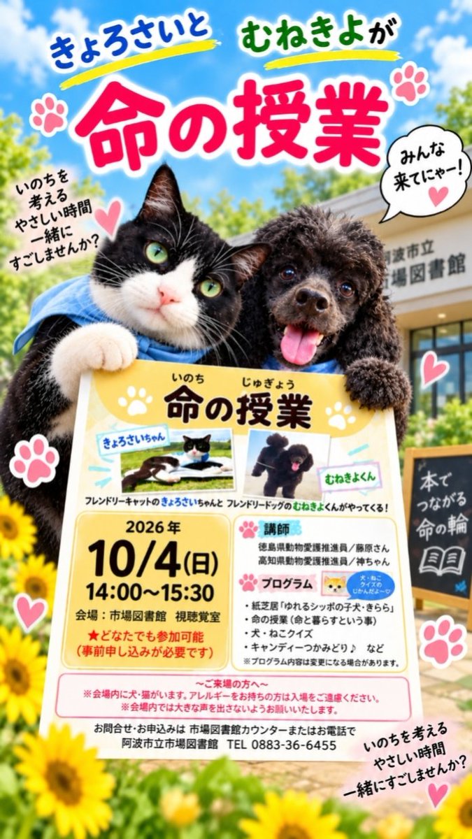 zinchanda's tweet photo. #きょろさい からお知らせ！

10月4日（日）は、徳島県の #阿波市立市場図書館 へ行くよ🐱🐶✨

今回のテーマは
🌱 「#命の授業」
命ってなんだろう？
犬や猫と一緒に暮らすって、どういうことだろう？
紙芝居や犬・ねこクイズ、キャンディーつかみどりもあるよ🍬
⏰ 14:00〜15:30
申し込みして https://t.co/TF83knm6qm