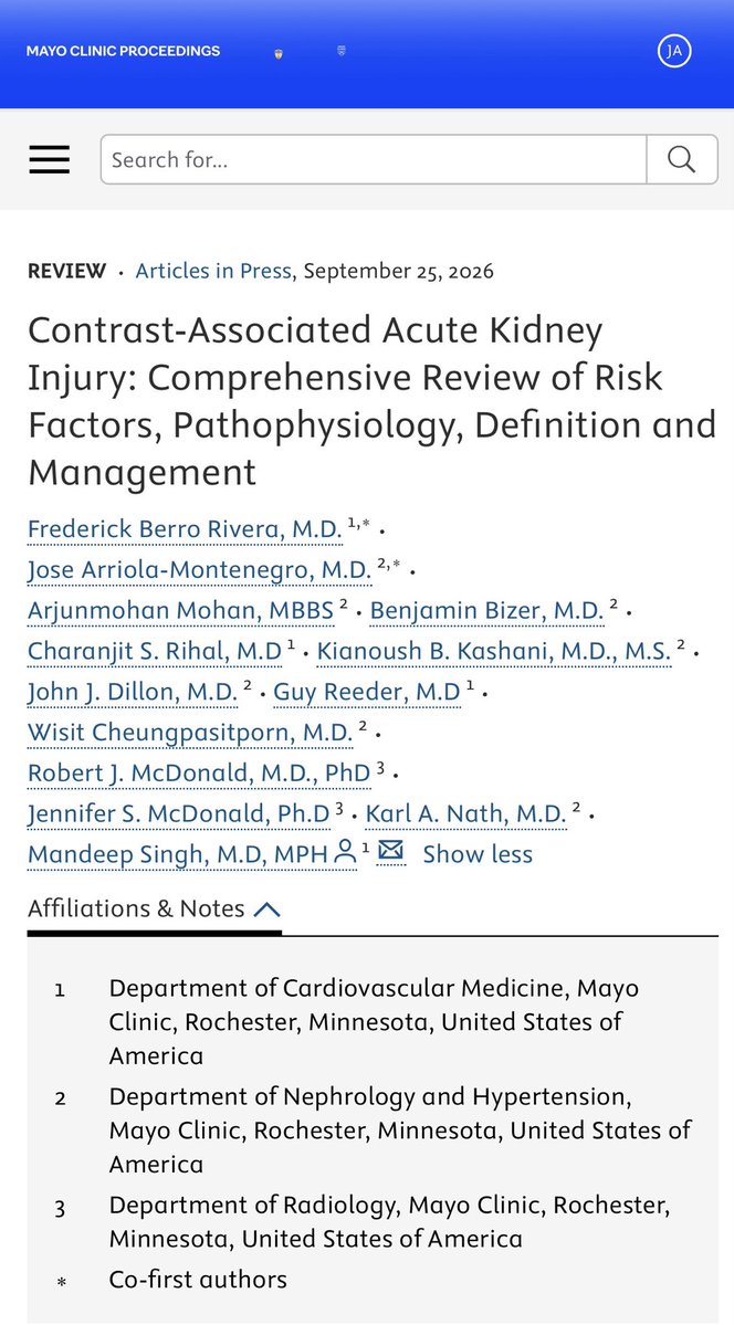 josearriolam's tweet photo. Thrilled to share our review on contrast-associated acute kidney injury, now published in Mayo Clinic Proceedings @MayoProceedings ! 🎉

This was a wonderful collaboration across cardiology, radiology, and nephrology. I’m so grateful to the entire team and our mentors for their guidance and support!  🔥🔥🙌🏼🙌🏼@mandeep_mayo @wisit661 @FredRiveraMD @Arjun_Mohan1 @MayoClinicNeph @MayoClinicCV @MayoRadiology  @MayoClinic 

https://t.co/aaZixn5Zl5